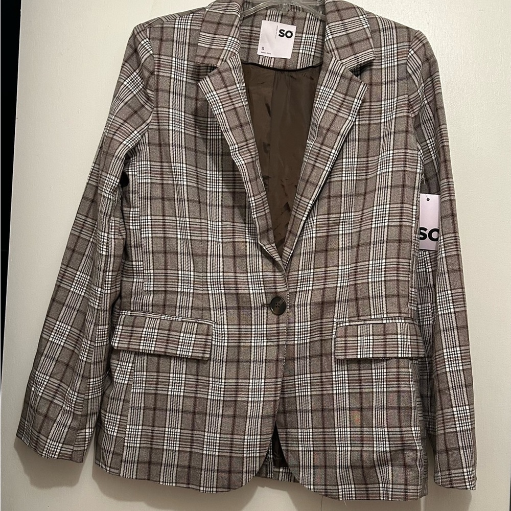 SO Women's Checkered Blazer - Brown and White